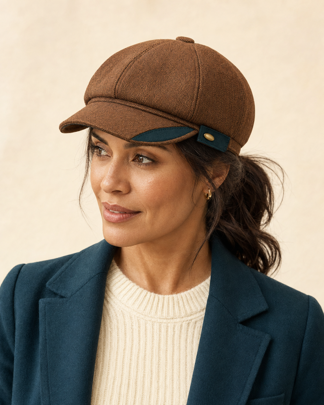 Maren Fold Women’s Herringbone Newsboy Cap – Cinnamon Brown