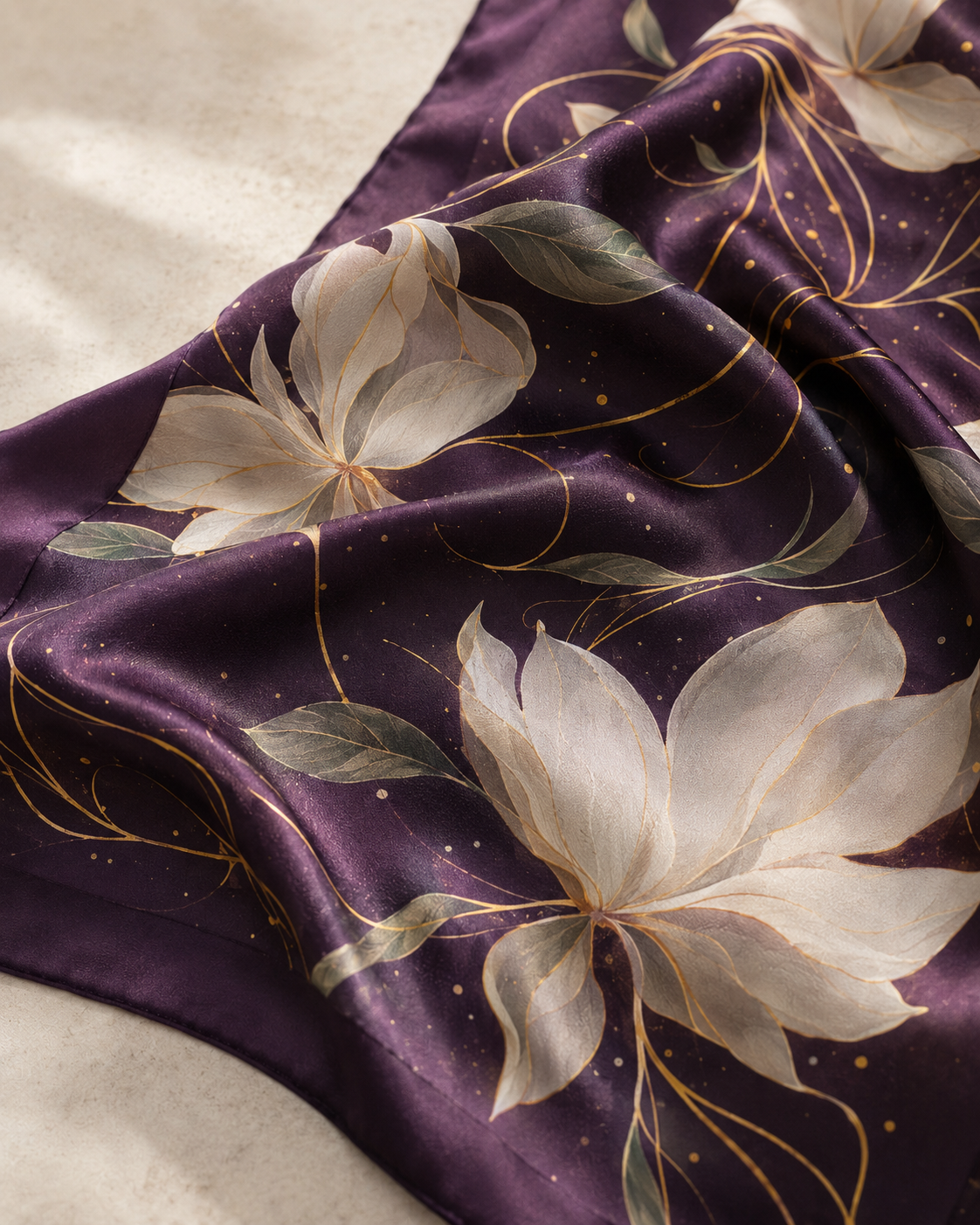 Nocturne Garden Floral Satin Scarf – Deep Plum