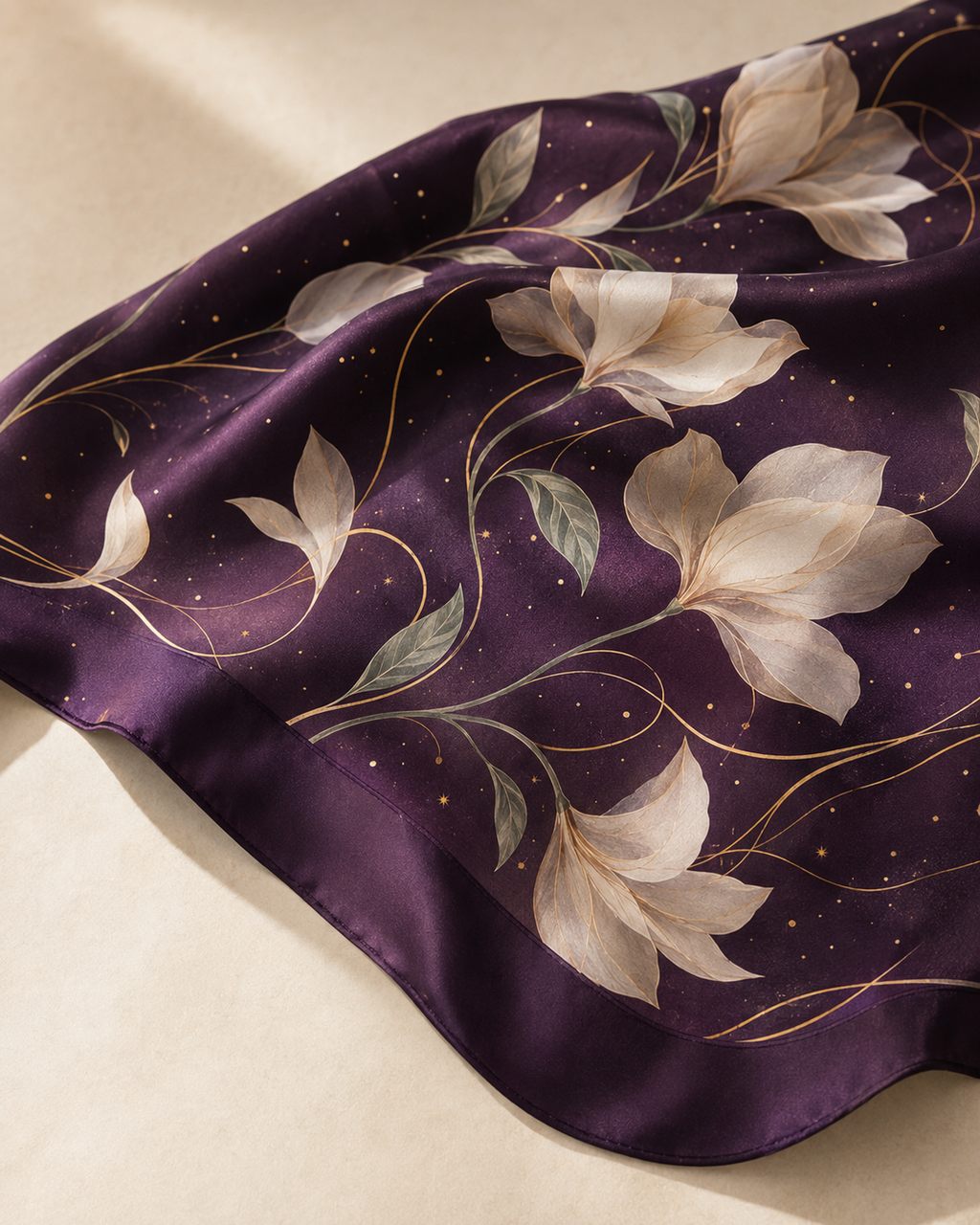 Nocturne Garden Floral Satin Scarf – Deep Plum