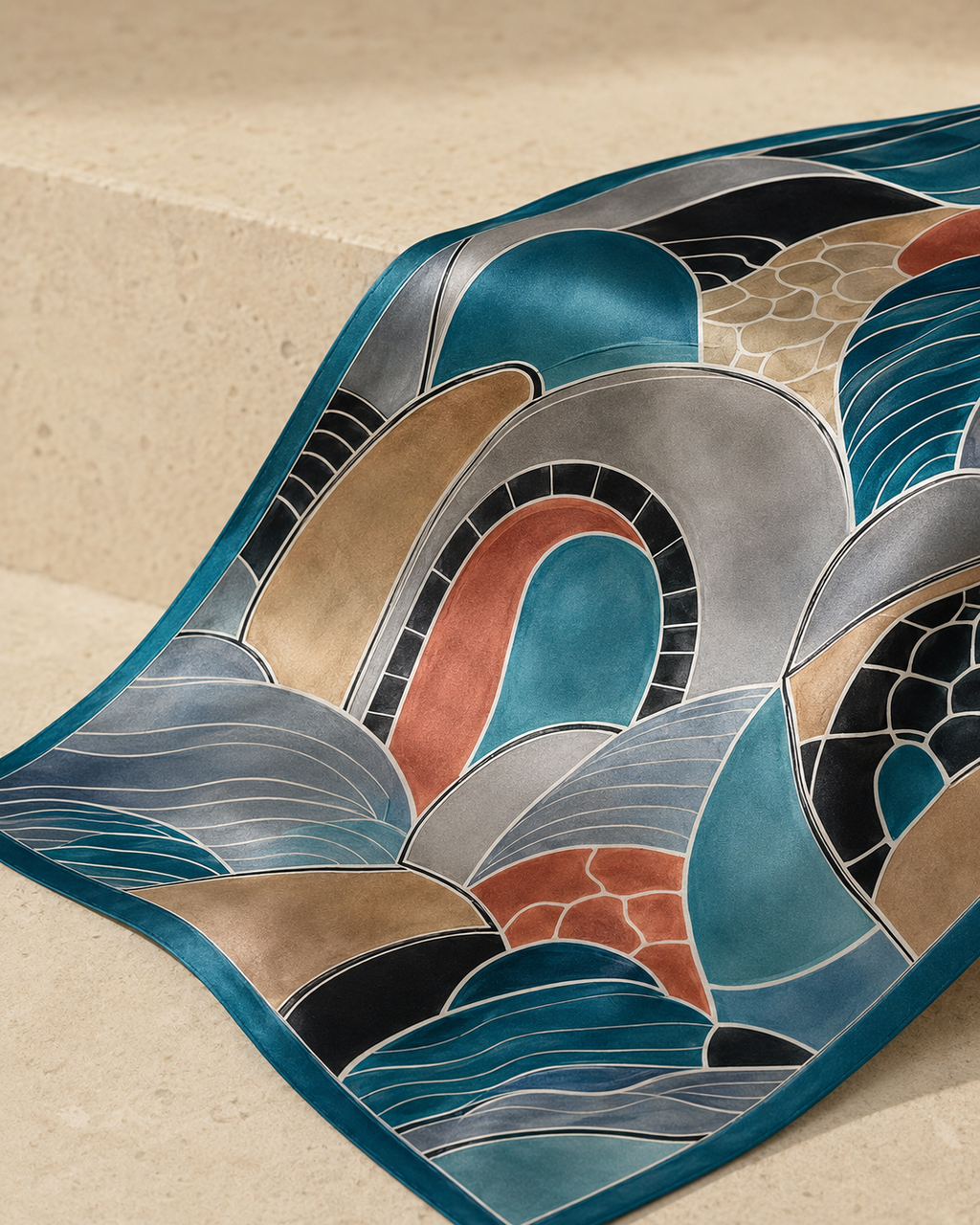 Tidal Arc Mosaic Satin Scarf – Ocean Teal