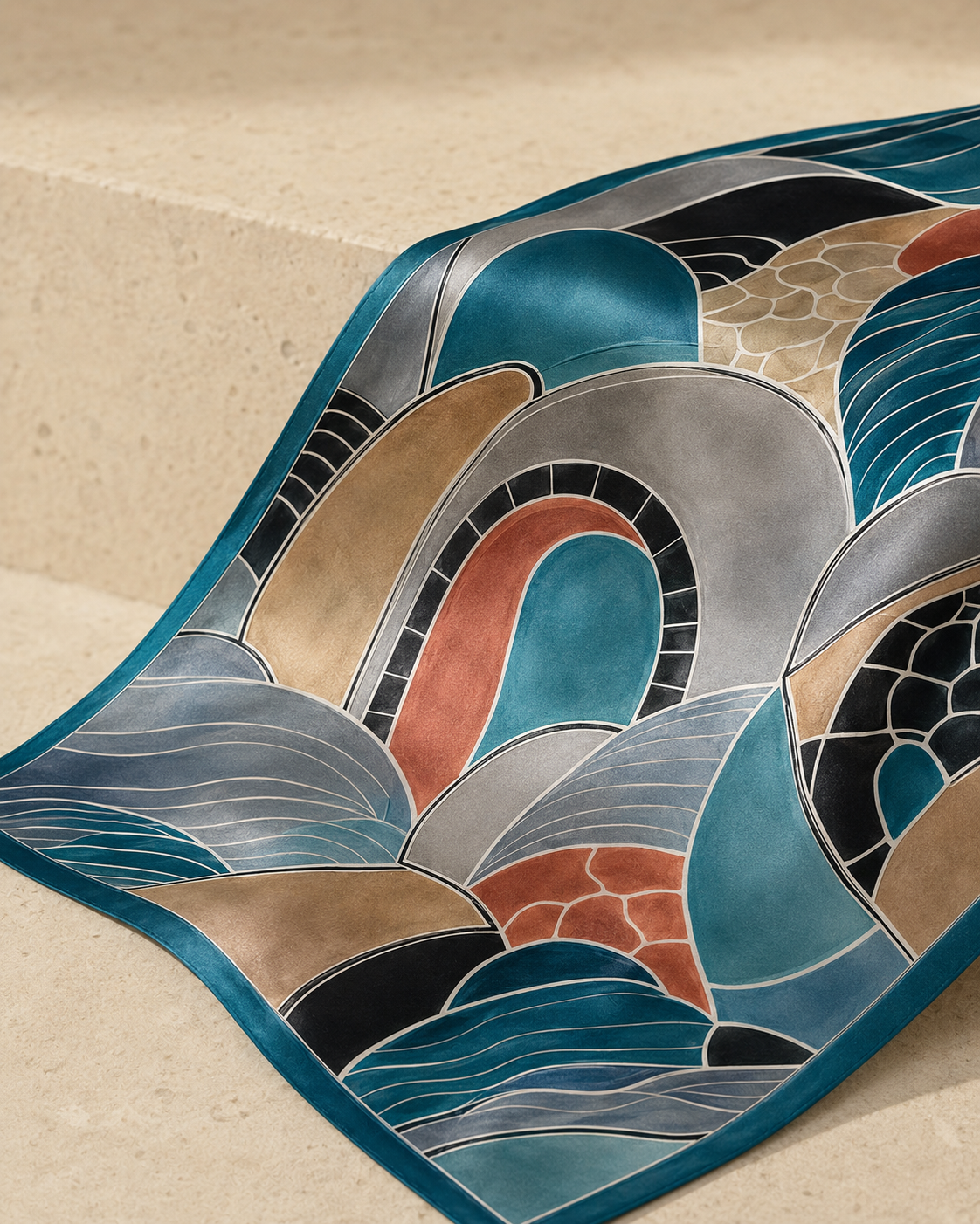 Tidal Arc Mosaic Satin Scarf – Ocean Teal