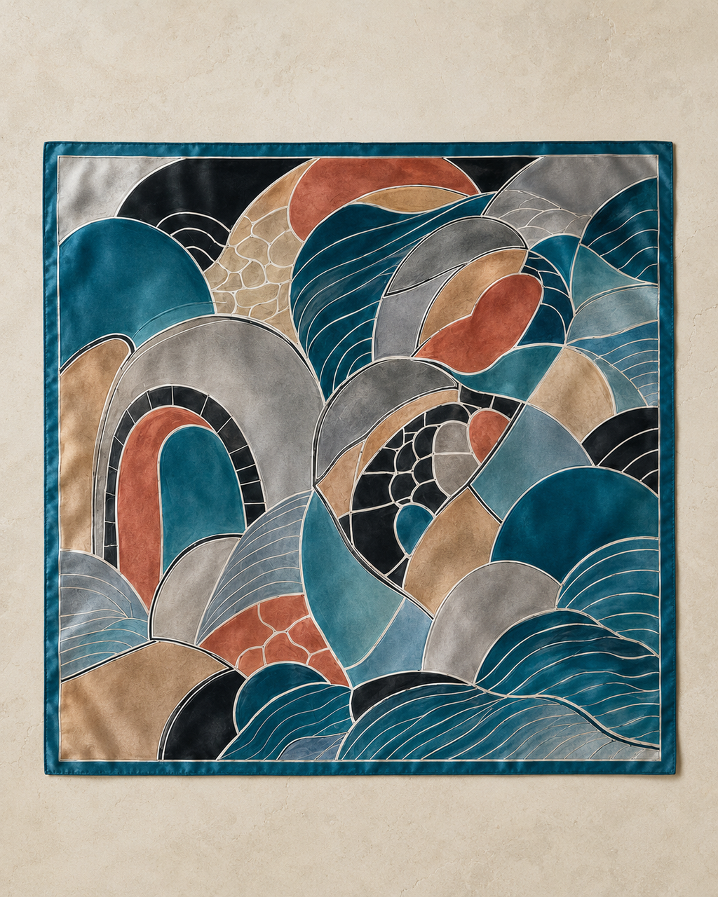 Tidal Arc Mosaic Satin Scarf – Ocean Teal