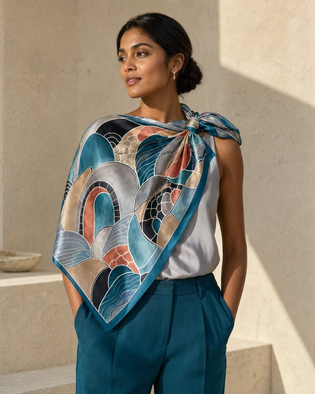 Tidal Arc Mosaic Satin Scarf – Ocean Teal