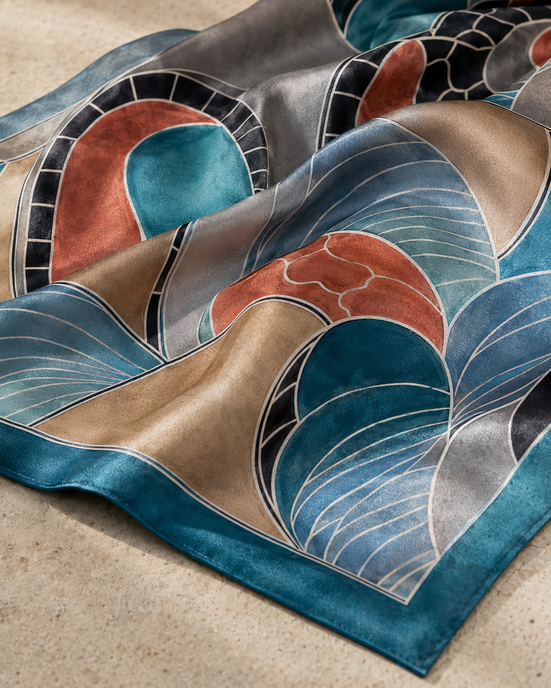 Tidal Arc Mosaic Satin Scarf – Ocean Teal