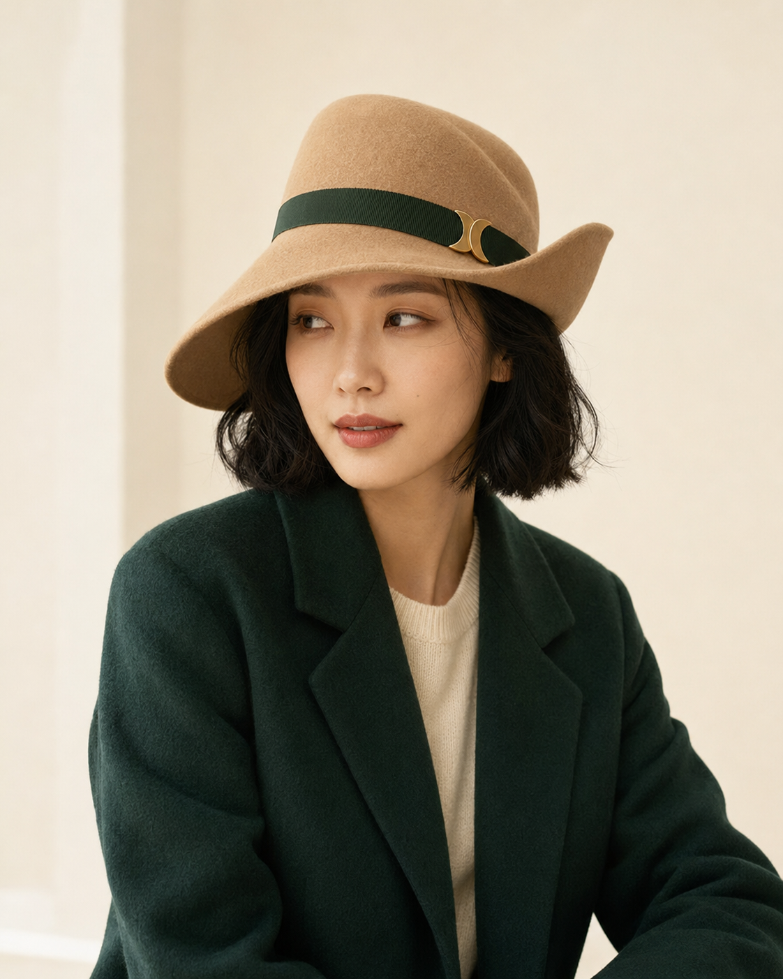 Lunara Fold Women’s Wool Felt Cloche Hat – Camel Beige